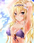  1girl adjusting_hair armpits bangs blonde_hair blue_eyes blush breasts cleavage clouds cloudy_sky collarbone day eyebrows_visible_through_hair flower granblue_fantasy hair_flower hair_intakes hair_ornament hairband hands_in_hair hands_up jeanne_d&#039;arc_(granblue_fantasy) large_breasts long_hair looking_at_viewer outdoors purple_swimsuit raimu_(yuzu-raimu) sky solo standing sweat swimsuit upper_body 