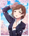  1girl alternate_costume alternate_hair_length alternate_hairstyle brown_eyes brown_hair business_suit cherry_blossoms commentary_request formal highres idolmaster idolmaster_cinderella_girls looking_up nitta_minami office_lady short_hair solo suit upper_body yoohi 