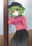  1girl arm_behind_back arm_up breasts casual commentary_request contemporary green_hair hammer_(sunset_beach) hat impossible_clothes kazami_yuuka looking_at_viewer medium_breasts plaid plaid_skirt red_eyes short_hair skirt solo touhou unmoving_pattern 