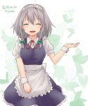  1girl :d apron bangs blush bow braid closed_eyes dated eyebrows_visible_through_hair green_bow hair_bow izayoi_sakuya maid maid_headdress miyo_(ranthath) neck_ribbon open_mouth puffy_short_sleeves puffy_sleeves red_ribbon ribbon short_sleeves side_braid silver_hair smile solo touhou twin_braids waist_apron white_apron wrist_cuffs 