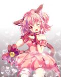  1girl absurdres animal_ears arm_garter bare_shoulders bell blush bow breasts cat_ears cat_tail choker dress fang gloves heart heart_hands highres magical_girl medium_breasts mew_ichigo momomiya_ichigo one_eye_closed open_mouth pink_choker pink_dress pink_eyes pink_hair red_gloves short_hair smile solo tail tail_bow tokyo_mew_mew yupo_(yupo4069) 