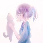  1girl animal blue_dress cat cat_focus commentary dress from_side grey_eyes holding holding_animal holding_cat koneko_mari mouth_hold original pink_hair ponytail short_hair simple_background solo white_background 