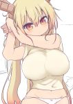  1girl blonde_hair breasts cool-kyou_shinja erect_nipples highres horns kobayashi-san_chi_no_maidragon large_breasts long_hair midriff navel panties red_eyes slit_pupils solo tooru_(maidragon) underwear very_long_hair white_panties 