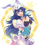  1girl animal_ears blue_hair bunny_girl bunny_tail bunnysuit fake_animal_ears fire_emblem fire_emblem:_kakusei fire_emblem_heroes highres long_hair looking_at_viewer lucina nakabayashi_zun pantyhose rabbit_ears smile solo tail tiara 