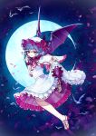  ainy77 bat_wings bird blue_hair bracelet crescent_moon dress finger_to_mouth highres holding_leg jewelry leg_up moon night night_sky remilia_scarlet short_hair sky star_(sky) starry_sky touhou white_dress wings 