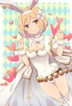  1girl animal_ears ayuto blonde_hair breasts brown_eyes bunny_tail cleavage commentary_request cowboy_shot djeeta_(granblue_fantasy) fake_animal_ears flower granblue_fantasy hair_flower hair_ornament highleg leotard looking_at_viewer medium_breasts rabbit_ears sage_(granblue_fantasy) short_hair sleeve_cuffs smile solo tail thigh-highs wrist_cuffs 
