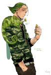  1boy artist_name belt butterfly chameleon dated digital_media_player green_hair headphones insect male_focus nekodou_(yukatin1000) one_piece open_mouth simple_background solo vinsmoke_yonji white_background 
