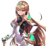  1girl aoi_kamogawa armor blonde_hair blush breasts cleavage dress gloves highres mythra_(xenoblade) jewelry large_breasts long_hair looking_at_viewer simple_background smile solo sword weapon white_background xenoblade_(series) xenoblade_2 yellow_eyes 