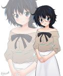  1girl absurdres artist_name bare_shoulders black_eyes black_hair bow_shirt brown_shirt casual closed_mouth collarbone commentary cowboy_shot getsumen_suibaku_ver._a(c) girls_und_panzer glasses hands_together highres interlocked_fingers long_skirt long_sleeves looking_at_viewer messy_hair no_eyewear off-shoulder_shirt open_mouth oryou_(girls_und_panzer) red-framed_eyewear semi-rimless_eyewear shirt short_hair short_ponytail signature simple_background skirt smile solo standing under-rim_eyewear white_background white_skirt zoom_layer 