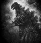  absurdres claws commentary_request from_side godzilla godzilla_(series) highres kaijuu katou_yuu monochrome monster no_humans open_mouth sharp_teeth shin_godzilla small_hands spikes standing teeth 