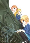  3girls absurdres akazateri assam churchill_(tank) cup darjeeling girls_und_panzer ground_vehicle highres military military_vehicle motor_vehicle multiple_girls orange_pekoe tank teacup water white_background 