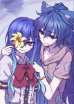  2girls bangle blouse blue_background blue_bow blue_eyes blue_hair bow bracelet closed_mouth collarbone commentary_request debt drawstring eyebrows_visible_through_hair flower frilled_blouse grey_hoodie hair_between_eyes hair_bow hinanawi_tenshi holding holding_flower jewelry long_hair looking_at_another looking_at_viewer miata_(miata8674) multiple_girls neck_bow no_hat no_headwear one_eye_covered puffy_short_sleeves puffy_sleeves red_bow red_eyes red_neckwear ripples short_sleeves sidelocks smile touhou very_long_hair white_blouse yellow_flower yorigami_shion 