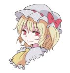  1girl ascot bangs blonde_hair bow closed_mouth eyebrows_visible_through_hair face flandre_scarlet hair_bow hat looking_at_viewer miyo_(ranthath) mob_cap portrait red_bow red_eyes simple_background solo touhou white_background white_hat 