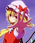  1girl ascot bangs blonde_hair bow closed_mouth eyebrows_visible_through_hair flandre_scarlet foreshortening from_side hair_between_eyes hat hat_bow looking_at_viewer miyo_(ranthath) mob_cap purple_background red_bow short_sleeves side_ponytail solo touhou upper_body violet_eyes white_hat 