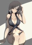  1girl arm_support bangs blue_eyes breasts cleavage closed_mouth collarbone eyebrows_visible_through_hair frown girls_und_panzer half-closed_eyes hand_on_headwear itsumi_erika long_hair looking_at_viewer medium_breasts navel ngc20701 o-ring_swimsuit shade shadow silver_hair sitting slingshot_swimsuit solo swimsuit 