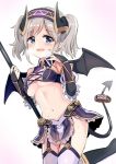  1girl :d bandeau bare_shoulders black_bandeau black_footwear black_wings blue_eyes blush boots breasts bridal_gauntlets character_request commentary_request curled_horns demon_girl demon_horns demon_tail demon_wings garter_straps gradient gradient_background headband heavy_breathing holding horns knee_boots long_hair medium_breasts navel open_mouth princess_connect! princess_connect!_re:dive purple_background purple_skirt silver_hair simple_background skirt smile solo sweat tail thigh-highs twintails unname white_background white_legwear wings 