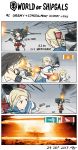  4koma absurdres afterimage comic commentary dress funnels fusou_(kantai_collection) gameplay_mechanics greythorn032 hair_bun hair_ornament highres kantai_collection long_hair motion_lines mushroom_cloud naval_flag nontraditional_miko pagoda sailor_dress soviet_navy torpedo turret world_of_warships 
