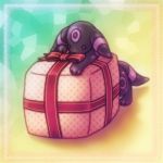  box creature ditto facial_mark full_body gen_1_pokemon gen_2_pokemon gift gift_box katsuragi_shion_(pixiv1173138) lowres multicolored multicolored_background no_humans pokemon pokemon_(creature) ribbon solo transformed_ditto umbreon violet_eyes 