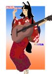  1girl 2018 absurdres acoustic_guitar animal_ears bangs black_eyes black_hair blunt_bangs blush chinese_zodiac commentary_request dog_ears dog_tail floral_print futoshi_slim gradient gradient_background guitar hands_up highres holding holding_instrument instrument japanese_clothes kimono long_sleeves looking_at_viewer medium_hair multicolored multicolored_background obi original parted_bangs red_kimono sash smile solo tail wide_sleeves year_of_the_dog 