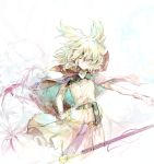  1girl absurdres belt blonde_hair cape earmuffs flower highres huang_li_ling looking_at_viewer one_eye_closed short_hair sleeveless solo sword touhou toyosatomimi_no_miko weapon yellow_eyes 