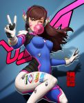  1girl absurdres animal_print bangs blizzard blue_background blue_bodysuit bodysuit breasts brown_eyes brown_hair bubble_blowing bunny_print character_name chewing_gum clothes_writing cowboy_shot d.va_(overwatch) eduardo_j._perez_m. emblem erect_nipples eyebrows_visible_through_hair facepaint facial_mark gloves gradient gradient_background headphones high_collar highres lips long_hair looking_at_viewer medium_breasts one_eye_closed overwatch parted_lips pilot_suit ribbed_bodysuit shadow shoulder_pads signature skin_tight smile solo swept_bangs v whisker_markings white_gloves 