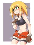  1girl bangs bare_arms bare_shoulders bike_shorts bike_shorts_under_shorts blonde_hair blush breasts brown_gloves capcom eyebrows_visible_through_hair gloves green_eyes hand_on_own_chest highres hot medium_breasts midriff navel open_mouth rockman rockman_dash roll_caskett short_shorts shorts sidelocks solo steaming_body suzurino sweat tank_top zipper 