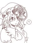  1girl ? ascot bangs blush flandre_scarlet greyscale hair_between_eyes hat miyo_(ranthath) mob_cap monochrome puffy_short_sleeves puffy_sleeves short_sleeves simple_background solo spoken_question_mark touhou upper_body white_background 