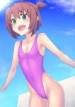 1girl blue_sky brown_hair character_request clouds copyright_request cowboy_shot green_eyes hai_(h81908190) highleg highleg_leotard highleg_swimsuit leotard one-piece_swimsuit open_mouth outdoors outstretched_arms pink_leotard short_hair side_ponytail sky smile solo swimsuit upper_teeth 