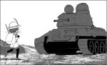  1girl greyscale ground_vehicle kaban_(kemono_friends) kemono_friends military military_vehicle monochrome motor_vehicle t-34 tank wasu 