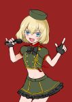  1girl :d absurdres alternate_costume bangs banira_(oocooocooocoo) black_gloves black_neckwear blonde_hair blue_eyes bow bowtie commentary cowboy_shot crop_top eyebrows_visible_through_hair fang fingerless_gloves frilled_skirt frills girls_und_panzer gloves green_hat green_jacket green_skirt hat highres holding holding_microphone idol jacket katyusha layered_skirt looking_at_viewer microphone midriff miniskirt navel open_mouth pinky_out pointing pointing_up puffy_short_sleeves puffy_sleeves red_background short_hair short_sleeves simple_background skirt smile solo v-shaped_eyebrows w_arms 