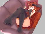  1girl animal_ears anthuria armpits artist_request backless_outfit bangs blush_stickers couch dress erune gloves granblue_fantasy grey_background hair_ornament highres long_hair red_dress red_eyes redhead ribbon single_glove smile solo thigh-highs thighs 