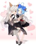  2girls ahoge animal_ears arms_up belt black_cape black_neckwear black_skirt blue_eyes blue_hair blush bow brown_cardigan cape cardigan cat_ears chagoon commentary_request commission dog_ears elin_(tera) flying_sweatdrops green_eyes grey_legwear hair_bow heart high_heels hug long_hair multiple_girls necktie one_eye_closed open_mouth ribbon shirt shoes short_hair silver_hair skirt smile standing standing_on_one_leg tera_online thigh-highs twintails white_shirt 