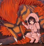  1girl bangs brown_hair closed_eyes closed_mouth commentary_request eyebrows_visible_through_hair fang_out hand_up hood hood_up midogaron miyo_(ranthath) monster_hunter monster_hunter_frontier paws petting red_eyes squatting whiskers 