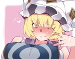  1girl animal_ears bare_shoulders blonde_hair blush breasts commentary_request fox_ears hammer_(sunset_beach) hat heart highres large_breasts looking_at_viewer one_eye_closed short_hair smile tabard tongue tongue_out touhou yakumo_ran yellow_eyes 