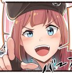  1girl :d ark_royal_(kantai_collection) beret black_gloves black_hat blue_eyes commentary_request fingerless_gloves gloves hat ido_(teketeke) kantai_collection lowres open_mouth redhead short_hair smile solo speech_bubble teeth v-shaped_eyebrows 