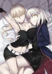  2girls ahoge artoria_pendragon_(all) bed_sheet belt_buckle besmiled black_camisole black_dress black_shorts blonde_hair blue_jacket breasts buckle camisole commentary_request dress fate/apocrypha fate/grand_order fate/stay_night fate_(series) fur-trimmed_jacket fur-trimmed_sleeves fur_trim highres jacket jeanne_d&#039;arc_(alter)_(fate) jeanne_d&#039;arc_(fate)_(all) large_breasts long_hair long_sleeves lying medium_breasts midriff multiple_girls navel on_back on_side open_clothes open_jacket pale_skin pillow saber_alter short_shorts shorts silver_hair very_long_hair white_belt wicked_dragon_witch_ver._shinjuku_1999 yellow_eyes 