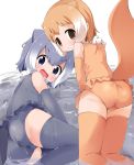 2girls :&lt; :d ass bare_shoulders blue_eyes brown_eyes commentary_request elbow_gloves empty_eyes extra_ears fur_collar gloves grey_gloves grey_hair grey_legwear highres japanese_otter_(kemono_friends) kemono_friends kneeling looking_at_viewer looking_back makuran multicolored_hair multiple_girls one-piece_swimsuit open_mouth orange_gloves orange_hair orange_legwear otter_ears otter_tail short_hair small-clawed_otter_(kemono_friends) smile swimsuit tail thigh-highs two-tone_hair water white_hair