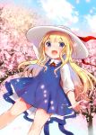  1girl :d arm_up bangs blonde_hair blue_dress blue_eyes blue_sky blush cherry_blossoms clouds collared_shirt commentary_request day dress dutch_angle eyebrows_visible_through_hair flower hand_on_headwear hat ichihaya long_hair looking_at_viewer open_mouth original outdoors petals pink_flower red_ribbon ribbon shirt sidelocks sky sleeveless sleeveless_dress smile solo very_long_hair white_hat white_shirt 