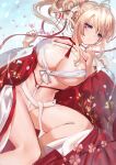  1girl absurdres azur_lane bare_shoulders biandu_youdushi blonde_hair breasts chinese_clothes choker cleavage_cutout clothing_cutout dress flower glorious_(azur_lane) glorious_(pungent_plum)_(azur_lane) hair_flower hair_ornament hair_stick highres kanzashi large_breasts long_hair looking_at_viewer lying neck_ribbon neckwear o-ring official_alternate_costume on_back open_clothes open_dress red_choker red_dress red_neckwear red_ribbon ribbon solo tied_hair violet_eyes white_flower wide_sleeves 