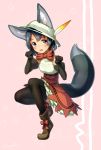  1girl :d adapted_costume alternate_costume animal_ears black_eyes black_gloves black_hair black_legwear boots bow bowtie commentary_request ears_through_headwear elbow_gloves eyebrows_visible_through_hair fang full_body gloves hat hat_feather high-waist_skirt highres kaban_(kemono_friends) kemono_friends kemonomimi_mode looking_at_viewer open_mouth paw_pose pink_background shirt short_hair signature simple_background skirt sleeveless sleeveless_shirt smile solo tail thigh-highs welt_(kinsei_koutenkyoku) white_hat 
