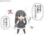  1girl asashio_(kantai_collection) black_hair black_legwear blue_eyes cannon chibi commentary_request dress full_body goma_(yoku_yatta_hou_jane) kantai_collection long_hair long_sleeves neck_ribbon pinafore_dress pleated_skirt red_ribbon remodel_(kantai_collection) ribbon shirt simple_background skirt solo standing thigh-highs torpedo translation_request turret twitter_username white_background white_shirt 