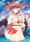  1girl adapted_costume bare_arms bare_shoulders basket bat_wings belt blue_hair blue_sky bow clouds cloudy_sky day flower hand_up hat hat_bow highres holding horizon jewelry looking_at_viewer necklace ocean outdoors pink_hat pointy_ears red_bow red_eyes red_neckwear remilia_scarlet sakusyo skirt skirt_set sky smile solo standing sun touhou twig water wings wrist_cuffs 
