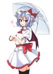  1girl bat_wings blue_hair bracelet dress jewelry junior27016 looking_at_viewer pointy_ears red_eyes remilia_scarlet short_hair simple_background smile solo thigh-highs touhou umbrella vampire white_background white_dress white_umbrella wings 
