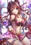  1girl :d between_legs blue_eyes bra breasts brown_hair choker cleavage cokecoco detached_sleeves eyebrows_visible_through_hair floating_hair frilled_skirt frills granblue_fantasy hair_between_eyes hair_ornament hand_between_legs heart heart_necklace holding ichinose_shiki long_hair medium_breasts midriff miniskirt navel open_mouth pink_bra pink_skirt see-through sitting skirt smile solo stomach thigh_strap twintails underwear very_long_hair 