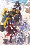  4girls bag blake_belladonna breasts bumblebee_(rwby) cleavage closed_eyes corset crescent_rose gambol_shroud grin ground_vehicle harbor jacket motor_vehicle motorcycle multiple_girls myrtenaster ponytail prosthesis prosthetic_arm ruby_rose rwby rwby_fanartnest smile suitcase weiss_schnee yang_xiao_long zwei_(rwby) 