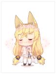  1girl animal_ears babydoll bangs bare_arms bare_shoulders blonde_hair blue_footwear blush cat_ears chibi closed_eyes closed_mouth commentary_request eyebrows_visible_through_hair facing_viewer flower foreign_blue g41_(girls_frontline) girls_frontline hair_flower hair_ornament hands_up korean_commentary long_hair low-tied_long_hair low_twintails navel petals pink_flower pleated_skirt shoes skirt solo standing thigh-highs twintails twitter_username very_long_hair white_background white_legwear white_skirt 