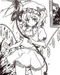  1girl ascot bangs blood blood_splatter bow clenched_hand closed_mouth cowboy_shot eyebrows_visible_through_hair flandre_scarlet greyscale hat hat_bow holding laevatein looking_at_viewer miyo_(ranthath) mob_cap monochrome short_sleeves skirt skirt_set solo touhou 