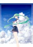  1girl absurdres alternate_costume aqua_eyes aqua_hair arms_at_sides bangs bare_legs bird blue_sailor_collar blue_skirt blue_sky character_name closed_mouth clouds day expressionless eyebrows_visible_through_hair feet_out_of_frame from_side hatsune_miku highres long_hair looking_at_viewer looking_to_the_side miniskirt navel neckerchief outdoors pleated_skirt red_neckwear sailor_collar school_uniform serafuku shiny shiny_hair shirt short_sleeves skirt sky solo tareme twintails very_long_hair vocaloid white_shirt xy_(pixiv8783776) 