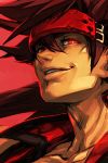  1boy bright_pupils commentary_request grin guilty_gear hankuri headband looking_at_viewer order-sol parted_lips portrait red_background red_eyes simple_background smile sol_badguy solo 