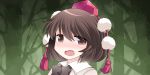 1girl blush bow brown_eyes brown_hair commentary_request dress_shirt hammer_(sunset_beach) hat looking_at_viewer open_mouth shameimaru_aya shirt short_hair smile solo tokin_hat touhou tree upper_body 
